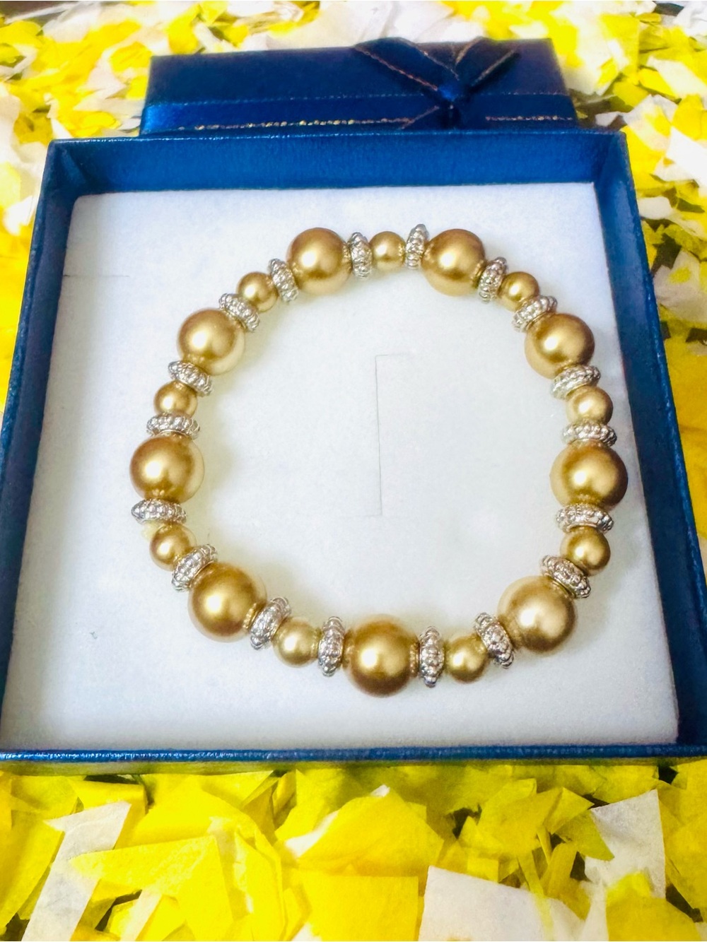 Gold Pearl Stretch Bracelet with Rhinestone Spacers